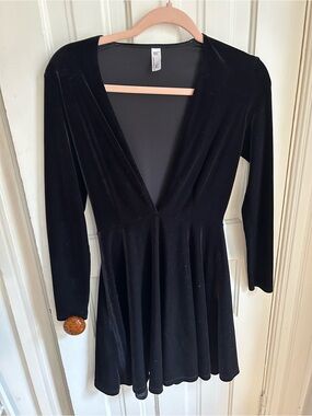 American Apparel Black Velvet Deep V Long Sleeve Skater Dress